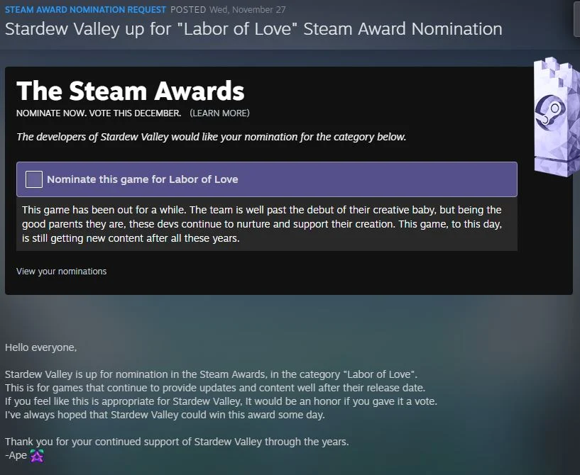 Studi Kasus: Mengapa Stardew Valley Meraih Steam Awards?