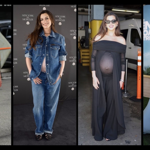 Gaya Maternity Romantis Anne Hathaway dengan Nuansa Warna Cerah