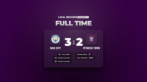 Hasil Liga Inggris: Man City Menang 3-2 atas Ipswich Town